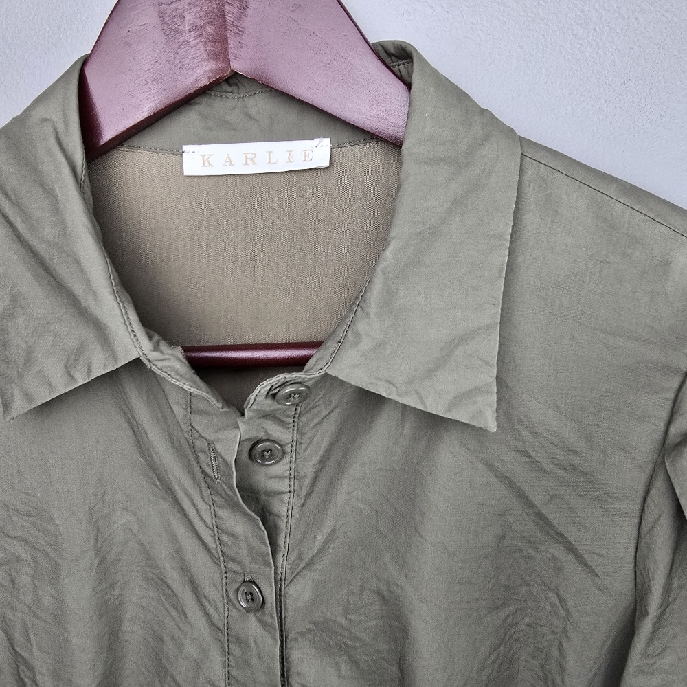 Karlie Solid Pleat Bubble Hem Mini Shirt Dress Button Up Olive Green Womens Sz S - Picture 7 of 15